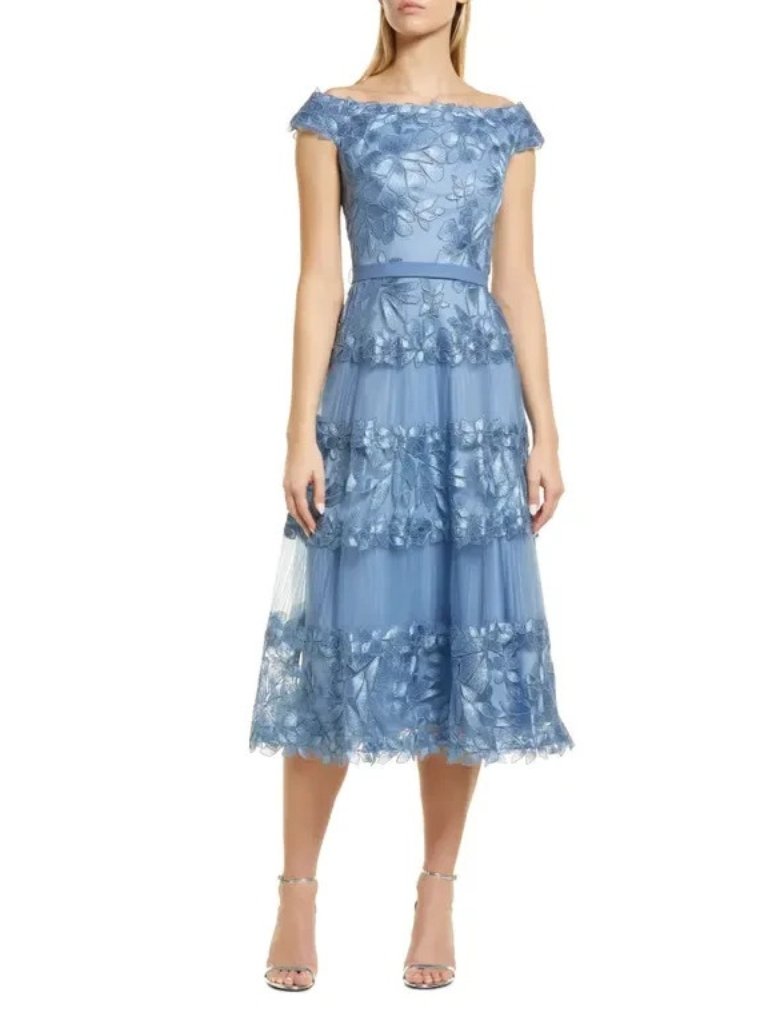 Nwt Tadashi Shoji Adriane In Blue Stone Floral Embroidered Tea Midi Dress 14
